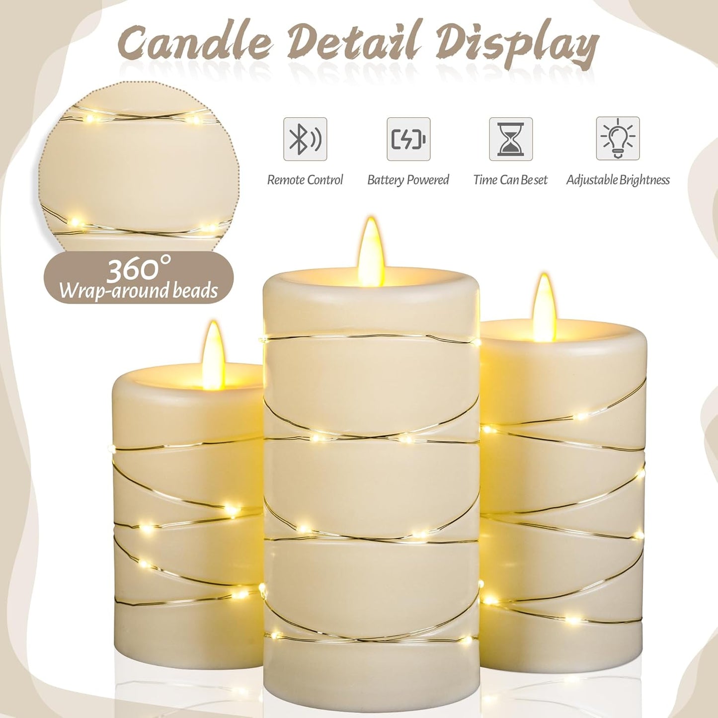 Flameless Candle with Recessed Star String Light, Dynamic Flame Candle Battery-Powered Candle with Timer and Remote Control - Set of 3