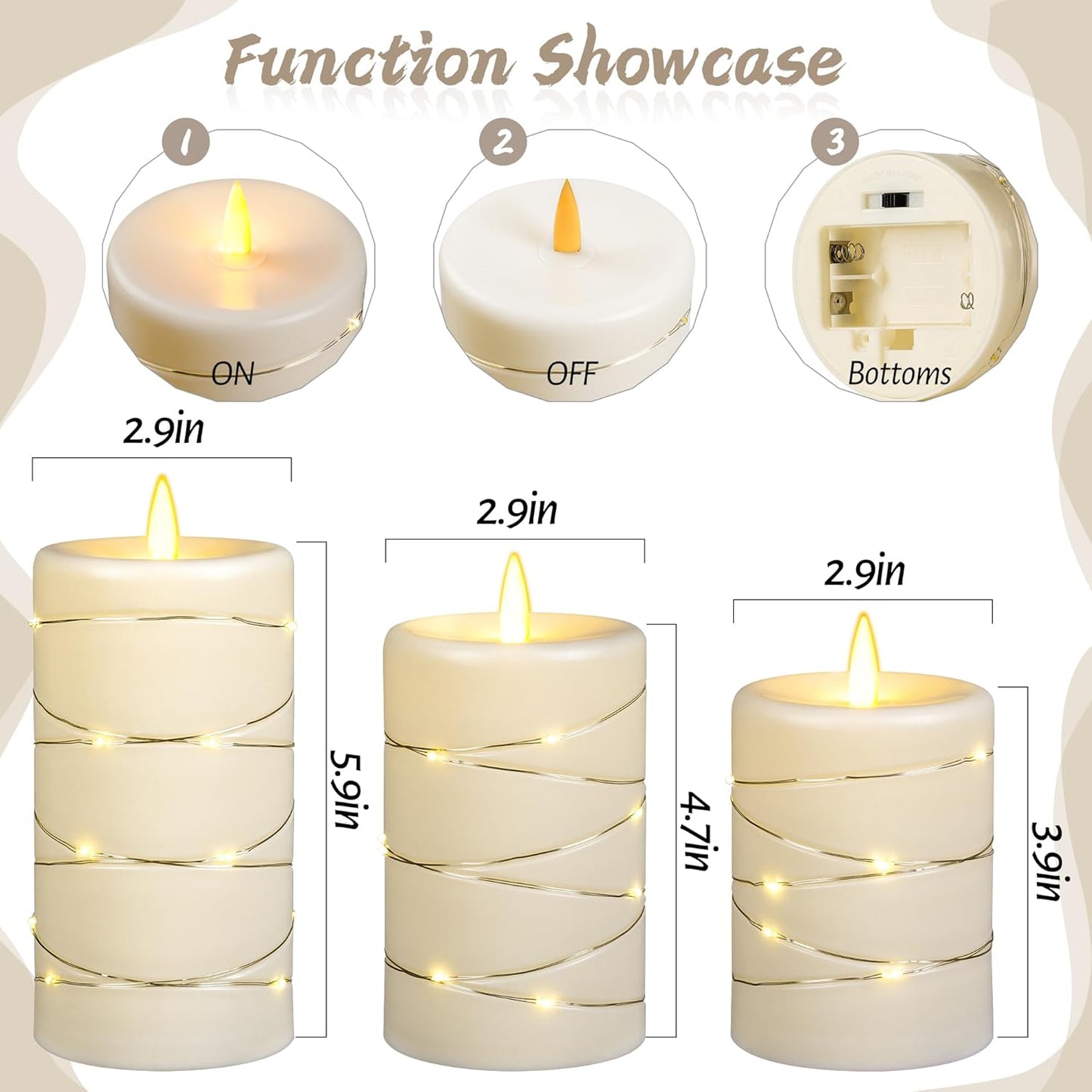 Flameless Candle with Recessed Star String Light, Dynamic Flame Candle Battery-Powered Candle with Timer and Remote Control - Set of 3