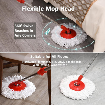 Floor Mop and Bucket Set,  2 in 1 Spinning Mop for Cleaning, Square and round Mop Head for Hardwood, Laminate, Tile, Hands Free Mop with Washable Microfiber Pad, Single Bucket for Wet & Dry