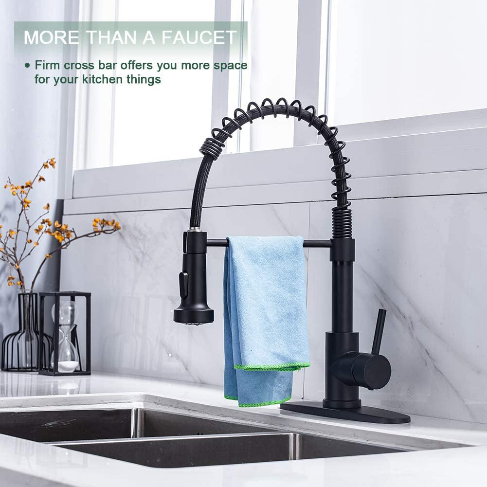 Kitchen Faucets with Pull down Sprayer Commercial Industrial Stainless Steel Single Handle Single Hole Spring Farmhouse RV Sink Faucet, Matte Black