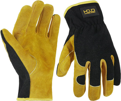 Men Leather Gardening Gloves, Utility Work Gloves for Mechanics, Construction, Driver, Dexterity Breathable Design