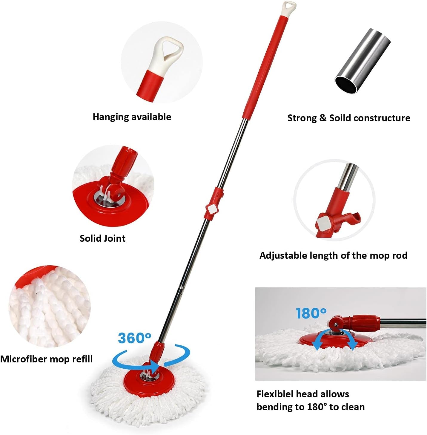 Floor Mop and Bucket Set,  2 in 1 Spinning Mop for Cleaning, Square and round Mop Head for Hardwood, Laminate, Tile, Hands Free Mop with Washable Microfiber Pad, Single Bucket for Wet & Dry