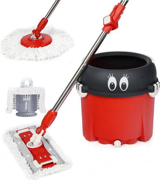 Floor Mop and Bucket Set,  2 in 1 Spinning Mop for Cleaning, Square and round Mop Head for Hardwood, Laminate, Tile, Hands Free Mop with Washable Microfiber Pad, Single Bucket for Wet & Dry