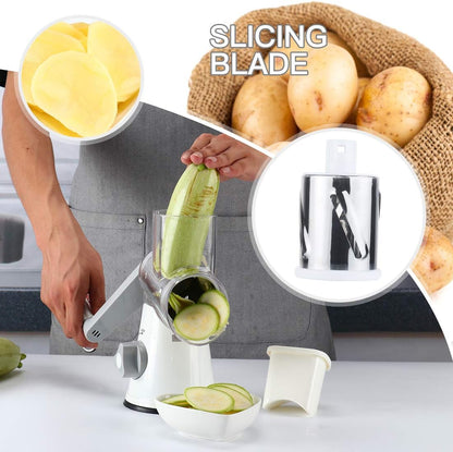 Cheese Grater Rotary Cheese Grater 3 Multi Blade Cheese Shredder Manual Vegetable Slicer with Non-Slip Suction Base Nuts Grinder Vegatable Shredder with Brush Peeler White