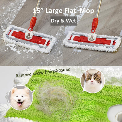 Floor Mop and Bucket Set,  2 in 1 Spinning Mop for Cleaning, Square and round Mop Head for Hardwood, Laminate, Tile, Hands Free Mop with Washable Microfiber Pad, Single Bucket for Wet & Dry