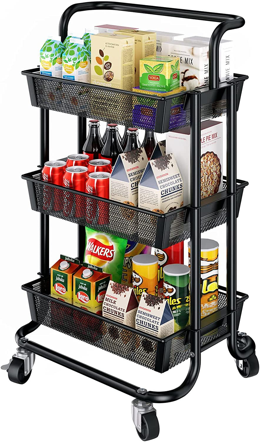 Utility Cart, Heavy Duty 3 Tier Rolling Cart on Wheels, All Metal Storage Cart with Removable Handles, Easy Assembly Mesh Trolley Cart (Matte Black)