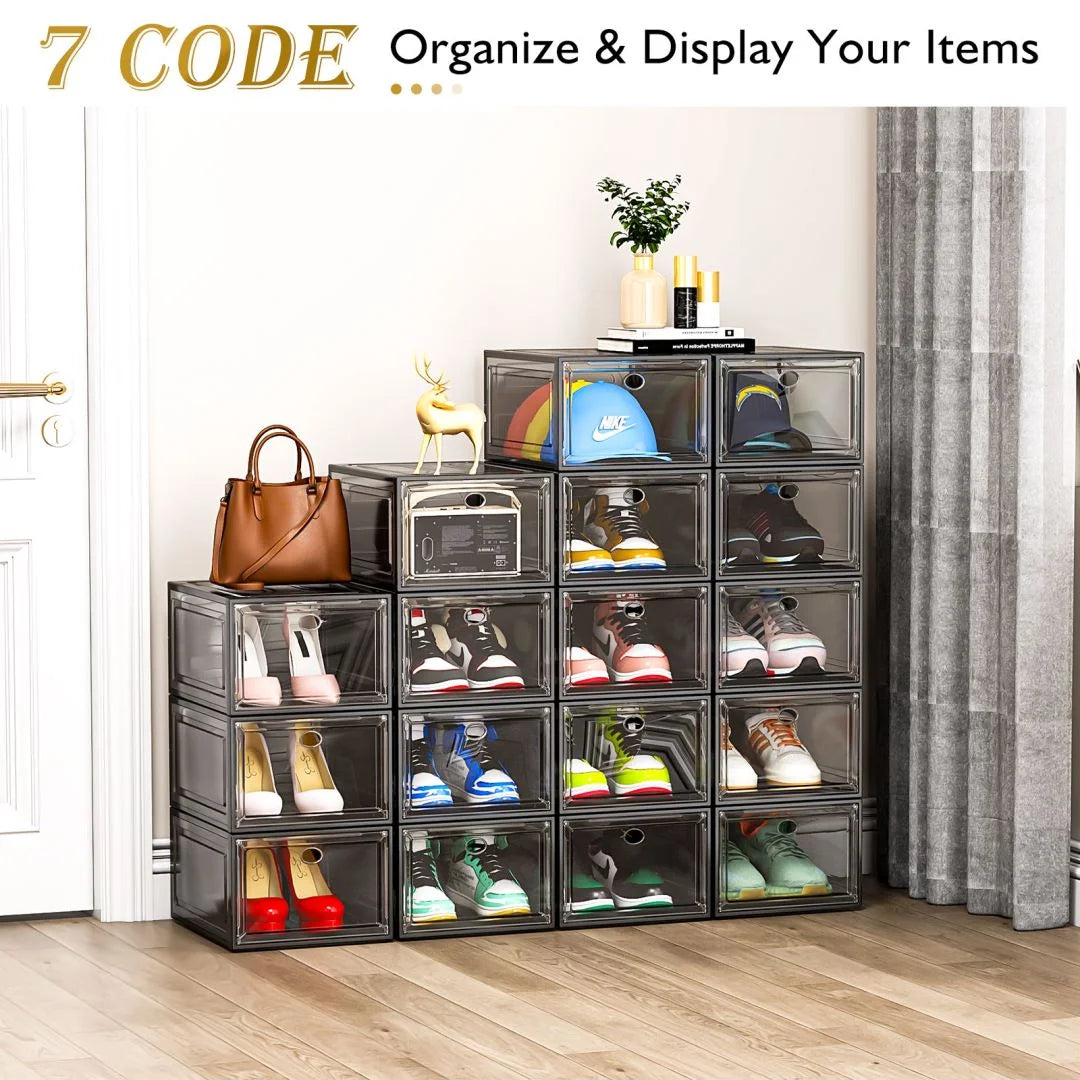 9-Pack Transparent Shoe Storage Boxes with Magnetic Doors, Sturdy & Stackable, Black