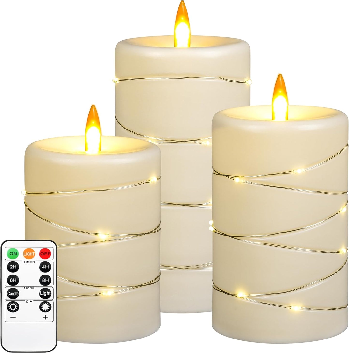 Flameless Candle with Recessed Star String Light, Dynamic Flame Candle Battery-Powered Candle with Timer and Remote Control - Set of 3