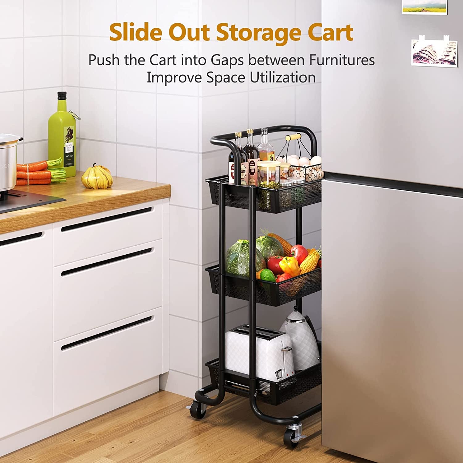 Utility Cart, Heavy Duty 3 Tier Rolling Cart on Wheels, All Metal Storage Cart with Removable Handles, Easy Assembly Mesh Trolley Cart (Matte Black)