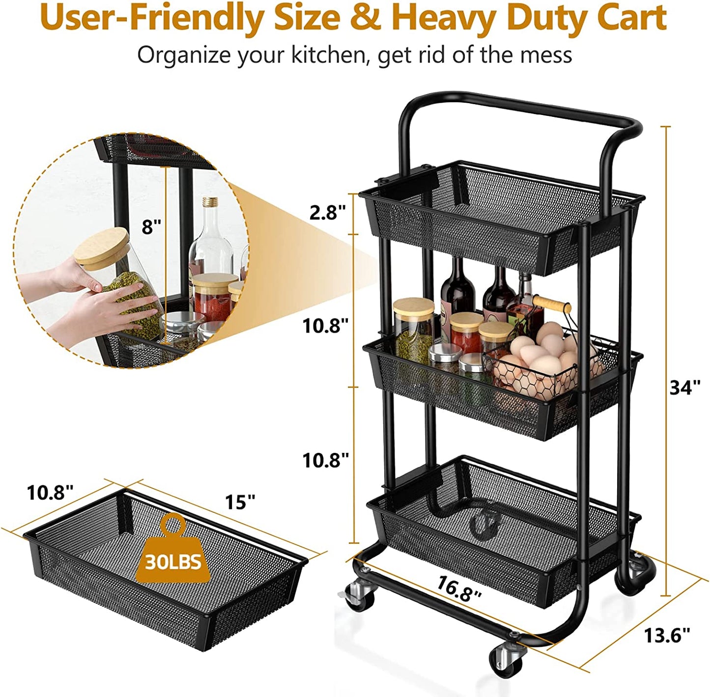 Utility Cart, Heavy Duty 3 Tier Rolling Cart on Wheels, All Metal Storage Cart with Removable Handles, Easy Assembly Mesh Trolley Cart (Matte Black)